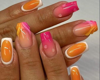 Pink & Orange Press On Nails: 3D Gel Art, Square Summer Nails