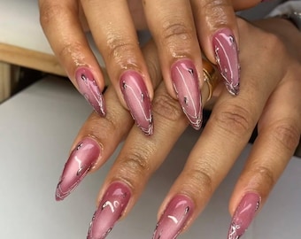 Pink Chrome Aura Press On Nails | Handmade Almond Stiletto Gel Nails | Luxury Minimal Y2K Press On Nails, Gift for Her