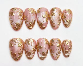 Pink Cat Eye Gold Floral Press On Nails Medium Almond Nails | Handmade 3D Sculpted Flower Nails | Bridal Wedding Nails | Gift for Her