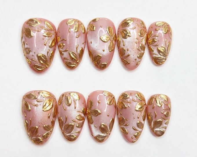 Pink Cat Eye Gold Floral Press On Nails Medium Almond Nails | Handmade 3D Sculpted Flower Nails | Bridal Wedding Nails | Gift for Her