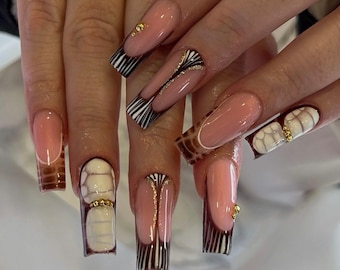 Blooming Marble Press On Nails: Brown, White & Gold, Coffin Shape