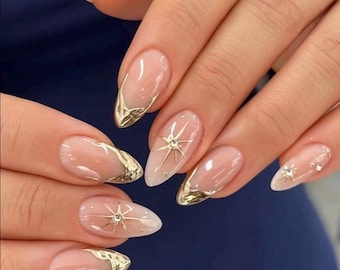 Gold Chrome French Tip Nails | Nude Medium Almond Press On Nails with Star Design - Rhinestone Accents, Elegant Bridal Wedding Nails, Unique