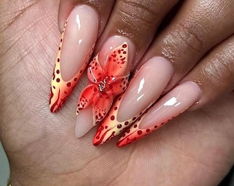 3D Flower Press On Nails: Red Ombre Long Stiletto Press ons, Handpainted Nail Set, Spring Nails