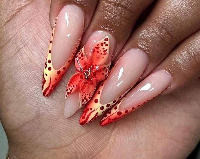 3D Flower Press On Nails: Red Ombre Stiletto, Handpainted Nail Set