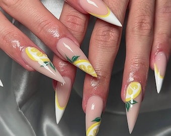 Lemon & Green Leaf Press On Nails: Long Stiletto, Handmade Summer Nails