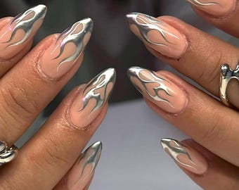 Gothic Flame Press On Nails: Silver Y2K Almond Nails