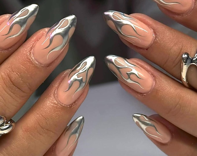 Gothic Flame Press On Nails: Silver Y2K Almond Nails
