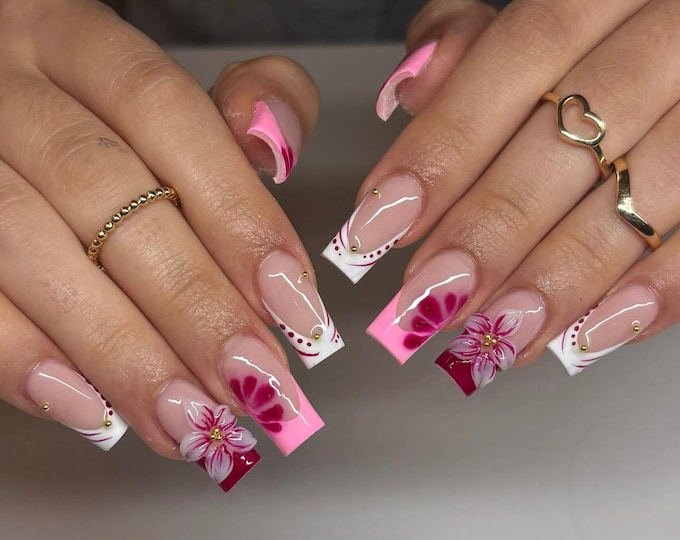 3D Floral Press On Nails: White French Tip, Handmade Nail Set, Pink Design nails