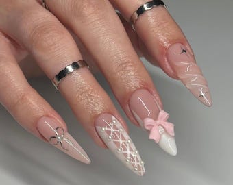 Pink Ribbon Stiletto Press On Nails: Chrome Star Y2K False Nails