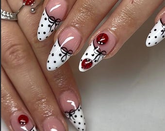 Ladybug Press On Nails: White Almond Kawaii Nails with Bows
