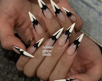 Halloween Black Drip Press On Nails, Glossy White Stiletto False Nails, Spooky Gothic Tip Fake Nails for Costume Party, Bat Nails