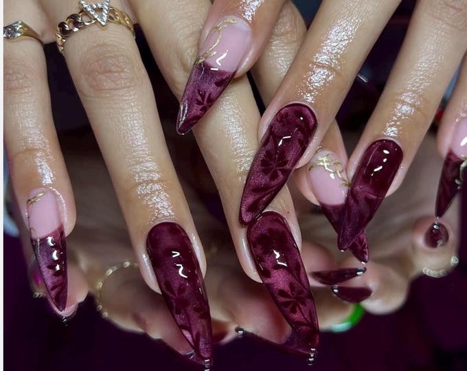 Burgundy Velvet Stiletto Press On Nails | Gold Detail, Handmade