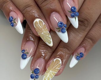 3D Citrus Blueberry Press On Nails: Handmade French Tip False Nails