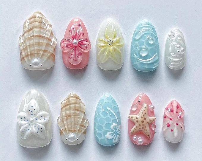 Ocean Blue Almond Press On Nails, 3D Floral Starfish Summer Beach Nails