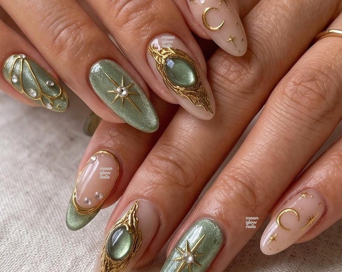 Green Cat Eye Gold Moon Star Press On Nails, Almond Celestial Handmade Nails, Sage Birthday Holiday Gel Nails, Gem Crystal Fake Nails