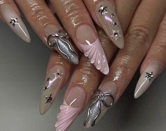 Silver Chrome Press On Nails: 3D Gel Ribbon Design, Long Almond, Reusable