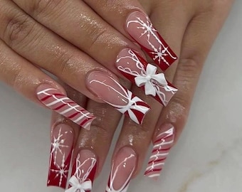 Red & White Christmas Nails | Candy Cane Press On Nails | 3D Gift Bow Holiday Nails | Snowflake Nail Set | Long Square Xmas Nails