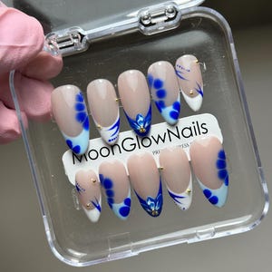 Baby Blue Press On Nails with Blooming Gel & Blue Floral Design, Handmade Elegant Fake Nails, Trendy Summer Nail Art, Summer Press ons, Gift