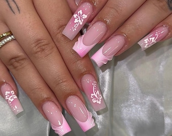 Pink Floral Press On Nails: Long Square Handmade Fake Nails
