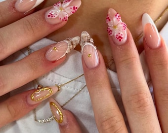 Seashell French Tip Press On Nails: 3D Flowers, Gold Chrome - Summer Glam