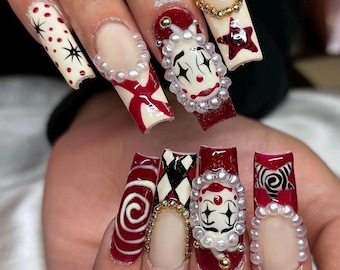 Red Clown Nails with Checkered & Spiral Press on Nails | Long Square Halloween Nails | Creepy Circus Inspired Nail Design, Spooky Nails