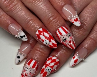 Red & White Joker Nails with Dice and Playing Card Design | Long Almond Carnival Nails | Harlequin Halloween Nail Art, Gift for Her