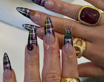 Tartan Plaid Press On Nails | Luxury Stiletto Nails with Gold Details, Designer Inspired Fall Winter Nails, Handmade Press Ons