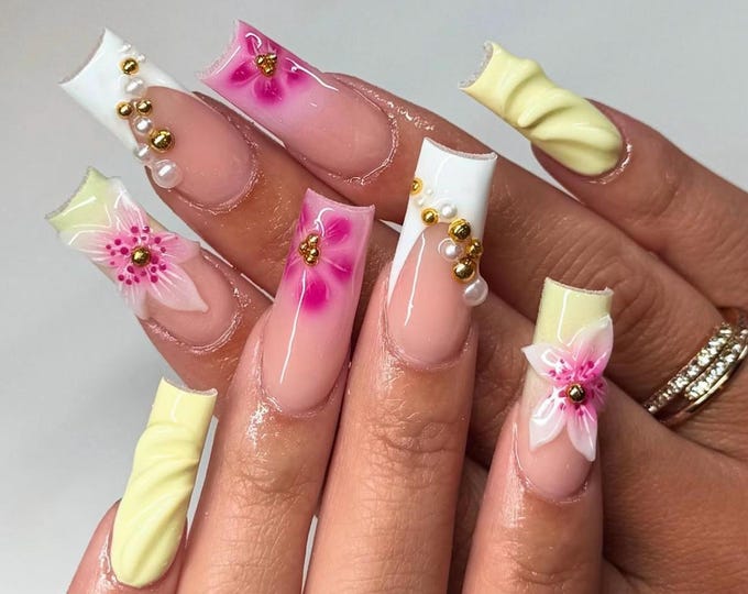 3D Floral Press On Nails: Butter Yellow French Tip, Elegant Summer Style