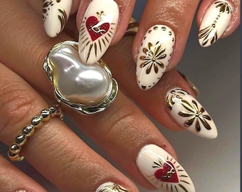 Gold Heart Press On Nails: Red Tribal Art, Cream Beige, Boho Chic