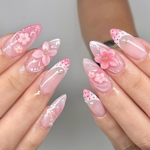 Soft Pink & White French Tip Nails, Medium Almond Press On Nails with 3D Floral Designs, Sweet Summer Nails | Elegant Handmade Nail Set,
