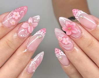 3D Floral Press On Nails: Soft Pink French Tip Almond - Handmade