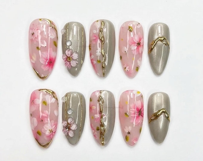 Sakura Cherry Blossom Press On Nails Medium Almond Nails, Handmade 3D Pink Floral Fake Nails, Japanese Kintsugi Cat Eye Nails Spring