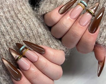 Luxury Brown Nude Press On Nails, Chocolate Chrome Ring Design, Almond Stiletto Nails, Handmade Elegant Statement Nail Set
