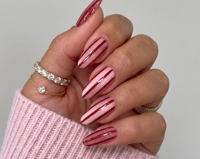 Red Striped Candy Press On Nails, Pink Glitter Line Handmade Nails, Sweet Valentine Coquette Fake Nails, Long Almond Holiday Acrylic Nails