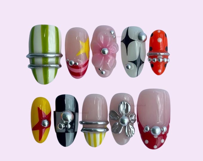 Y2K Funky Mix Press On Nails Medium Almond Nails, Handmade 3D Chrome Flower Fake Nails, Kawaii Mismatched Nails for Summer Birthday