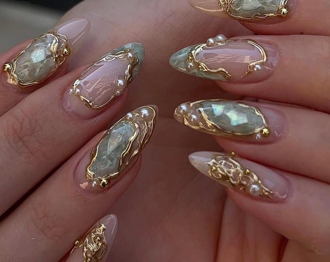 Opal Gemstone Press On Nails Long Almond Nails, Handmade 3D Gold Wire Pearl Fake Nails, Vintage Boho Mermaidcore Nails for Wedding