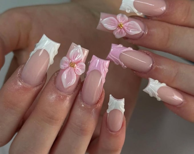 Pink French Tip Press On Nails: 3D Gel Flowers, Elegant Summer Nail Set