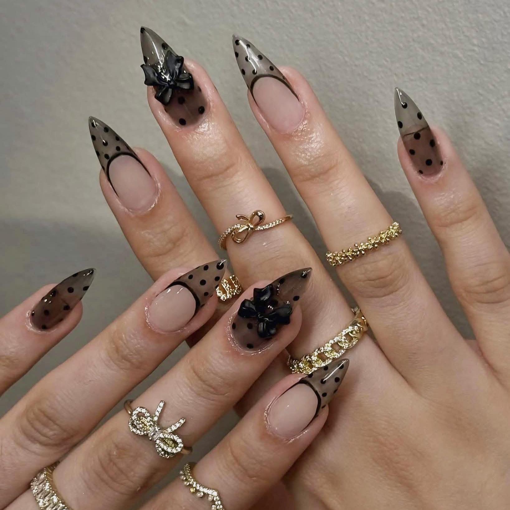 Stiletto Press On Nails – Elegant Summer French Tips with Black Stained Glass Effect, Ribbon Detail & Handmade Art – Classy Fake Nail Set