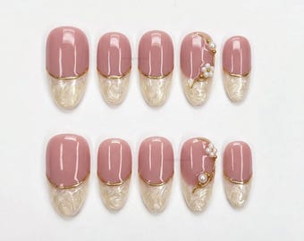 Pink Pearl French Press On Nails Short Almond Nails | Handmade Gold Line Bridal Nails | Elegant Wedding Engagement Nails | Gift for Her