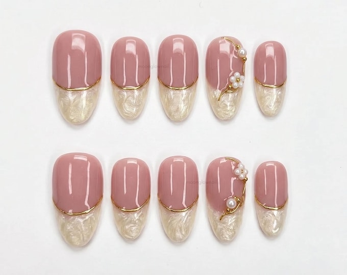 Pink Pearl French Press On Nails Short Almond Nails | Handmade Gold Line Bridal Nails | Elegant Wedding Engagement Nails | Gift for Her