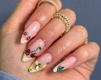 Summer Fruit Press On Nails: Medium Almond, Cherry & Lemon Design