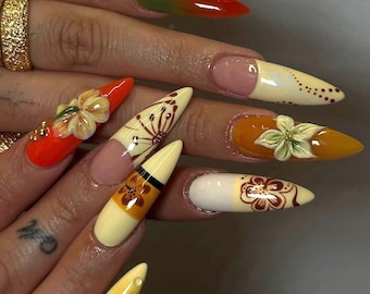Butter Yellow French Tip Press On Nails: 3D Floral Almond, Elegant Summer Style