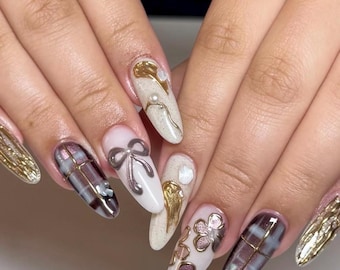 Gold & Pearl Luxury Press On Nails | 3D Bow and Metallic Accent Nail Set | Elegant Beige Almond Nails | High Fashion Handmade Nails
