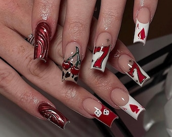 Red & Gold Accent French Press On Nails: Shimmer Chrome Tips