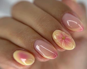 Press on Nails | Nude Pink French 3D Floral Nails, Summer Spring Nails, Pink Ombre Design, Soft Nail Art, Butter Yellow Press on Nails