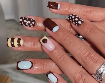 Chocolate Retro Press On Nails | Brown Mint Polka Dot Nails | Y2K Sweet Candy Nail Set | Funky Square Nails | Handmade Press On Nails
