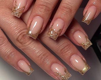 Luxury Nude French Press On Nails | Gold Chrome Tip Coffin Nails | Elegant Minimal Nail Set | Shiny Nude Manicure | Wedding & Gift for Her