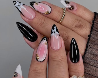 Handmade Black French Press On Nails: Pink Ombre, Floral & Gold Gemstones