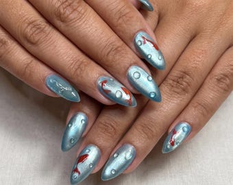 3D Water Drop Press On Nails, Blue Cat Eye Almond Handmade Nails, Koi Fish Summer Vacation Acrylic Nails, Ocean Pond Art Fake Nails