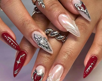 Gothic Y2K Press On Nails: Red Pearl, Silver 3D Heart Armor, Edgy Gel
